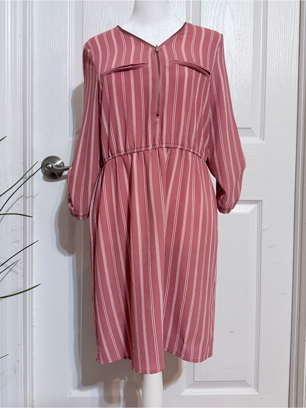 Love Tree Rose-Striped Midi Dress with Front Zip